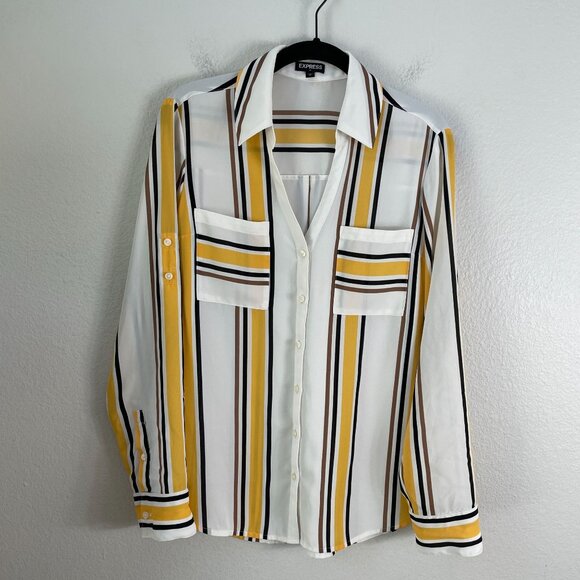 Express Womens Medium Roll Tab Sleeve Shirt Button Up Striped Pocket Blouse Top - Picture 1 of 8